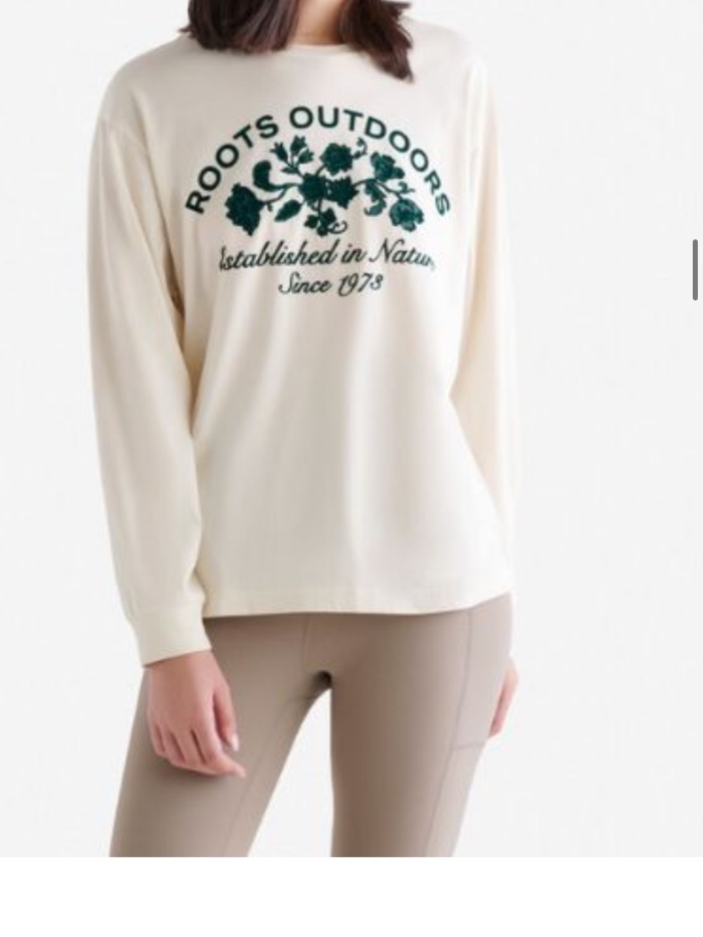 New no tag Roots Cream Long-Sleeve Top with Green Floral Logo size M
